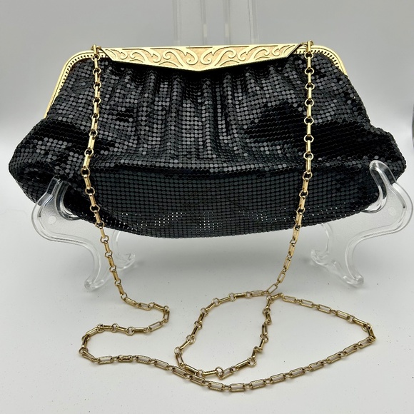 Whiting & Davis Mesh Evening Gold Chain Bag Black EUC - Picture 1 of 15